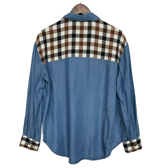 CATO Button Up Top Women Size M Blue Chambray Mix Media Pockets Check Soft - Picture 6 of 11